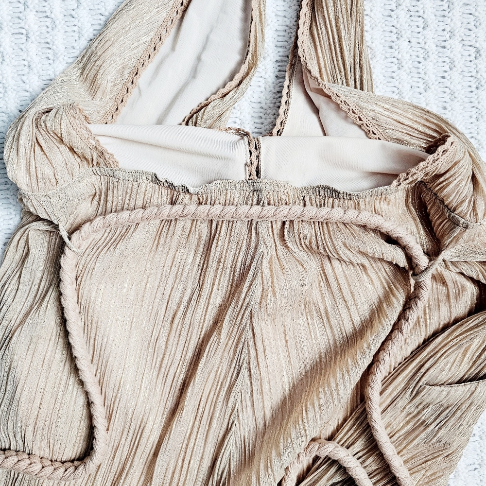 Spell & The Gypsy Liquid Gold Jumpsuit Sheer Lined Metallic Tie Halter Vintage S - Picture 13 of 16